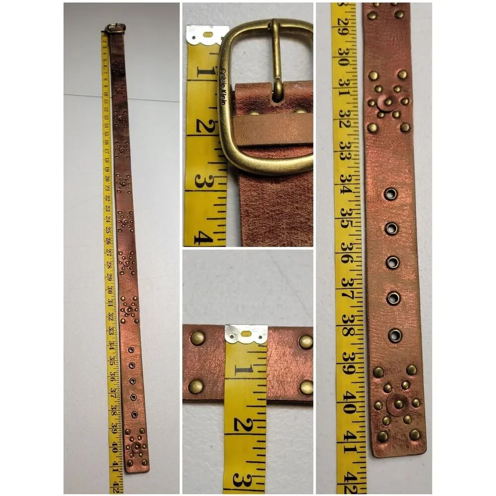 Calvin Klein Metallic Pink and Brown Leather Studded Belt with Brass Buckle